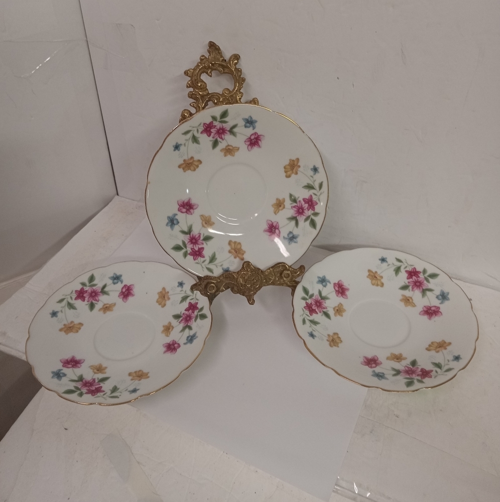 3 Vintage H  Saucers Floral, 6" Porcelain Gold Trim , Replacements